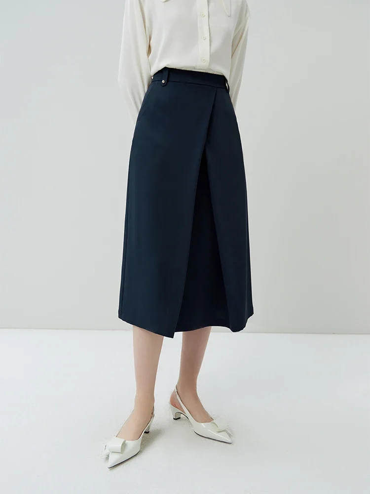 

FSLE High Waist Women Navy Blue Commuter Long Skirts Asymmetric Design Pleated Skirt Office Lady Twill Solid A-LINE Female Skirt