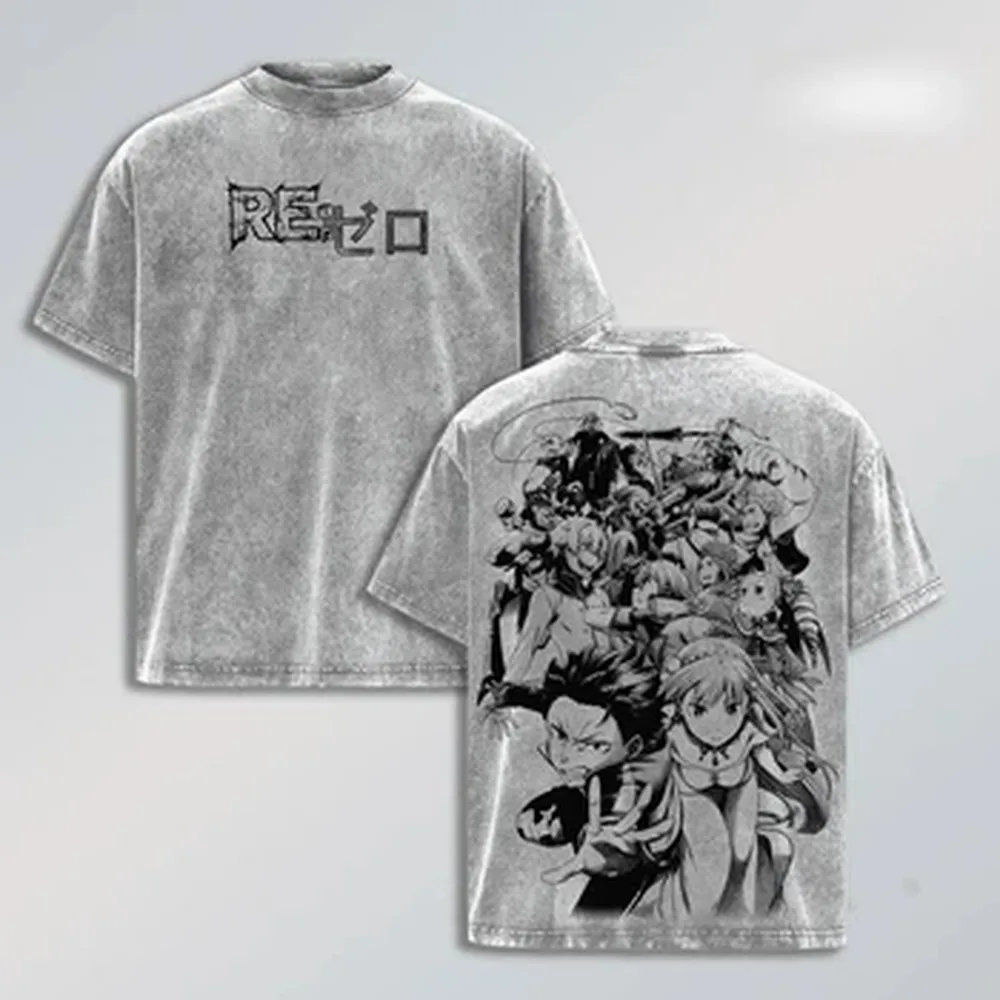 Re:ZERO Anime Printed T-shirt For Men's Clothing Harajuku Washed Oversized T Shirt Summer Short Sleeve 100% Cotton Tees Tops