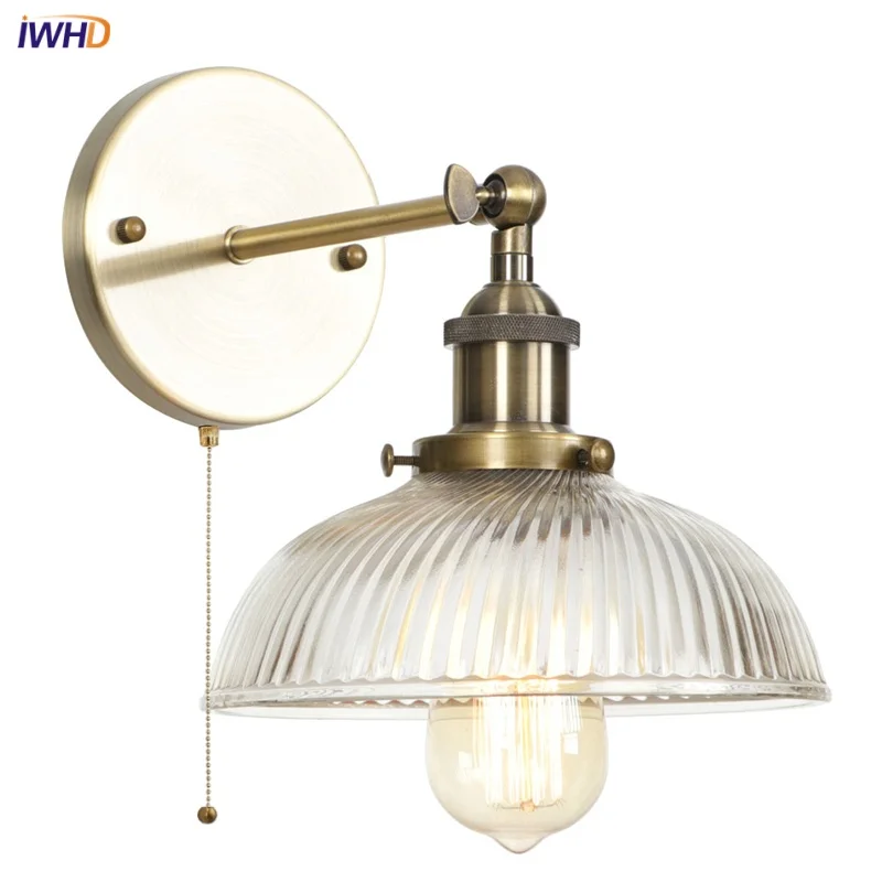 

IWHD Glass Industrial LED Wall Lights Sconce Pull Chain Switch Cafe Bar stair Light Fixture Vintage Bedside Lamp applique murale