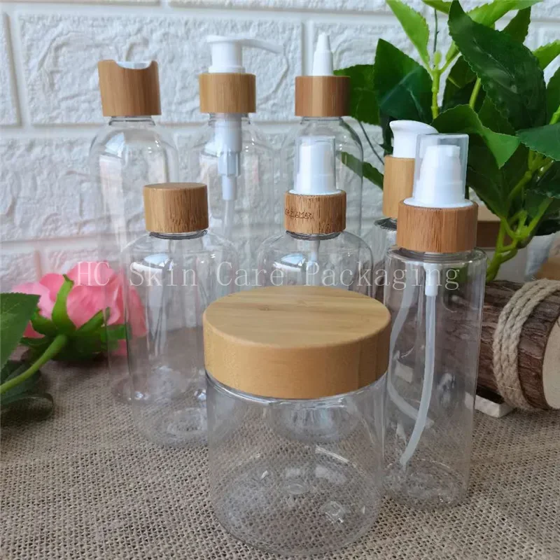 حاوية مستحضرات التجميل الزجاجية التعبئة والتغليف البلاستيكية غير اللامعة زجاجة لوشن مضخة سوداء/بيضاء وكريم العناية بالبشرة مع غطاء من الخيزران البيئي #5