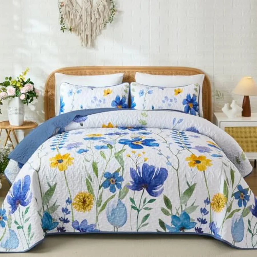 Quilt Set King Size3 Pieces Delicate Blue Yellow Floral Bedspread Set Soft Lightweight Reversible Spring Bedding Coverlet with