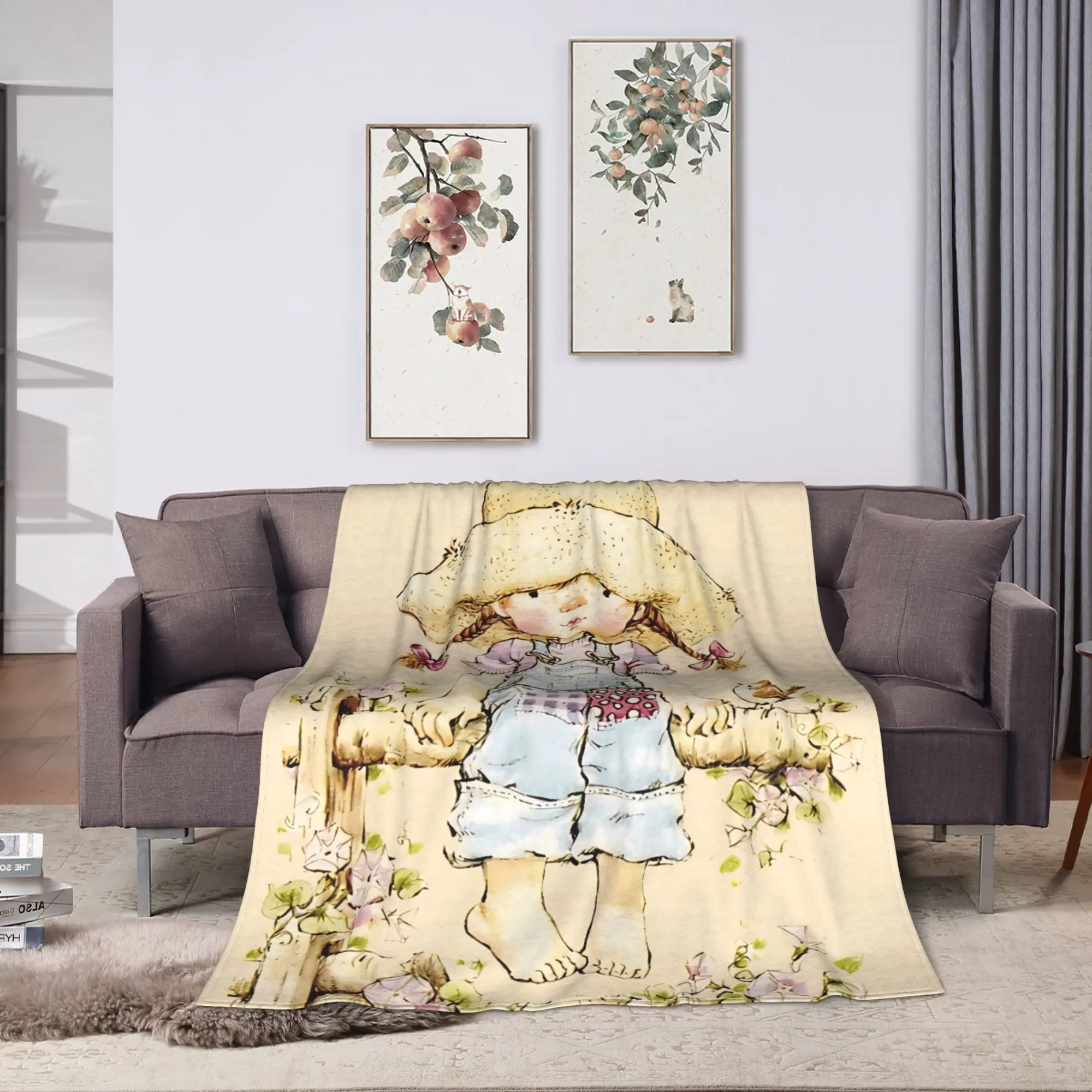 Sarah Kay Girl sitting on a fence with birds Flannel Blanket for Home Decor Decorative Aesthetic Bedspread Sofa Bed Cover