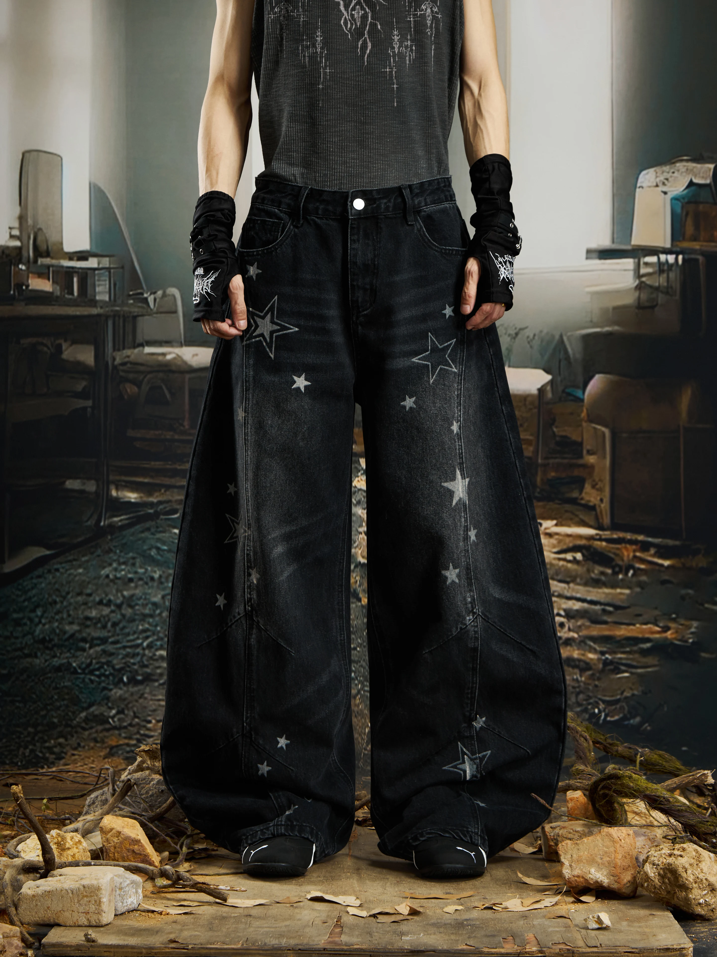 Special-Interest Design XINGX Printed Washed and Worn Wide Leg Machete Jeans Trousers Mid Waist Men's Women's Pants Fashion