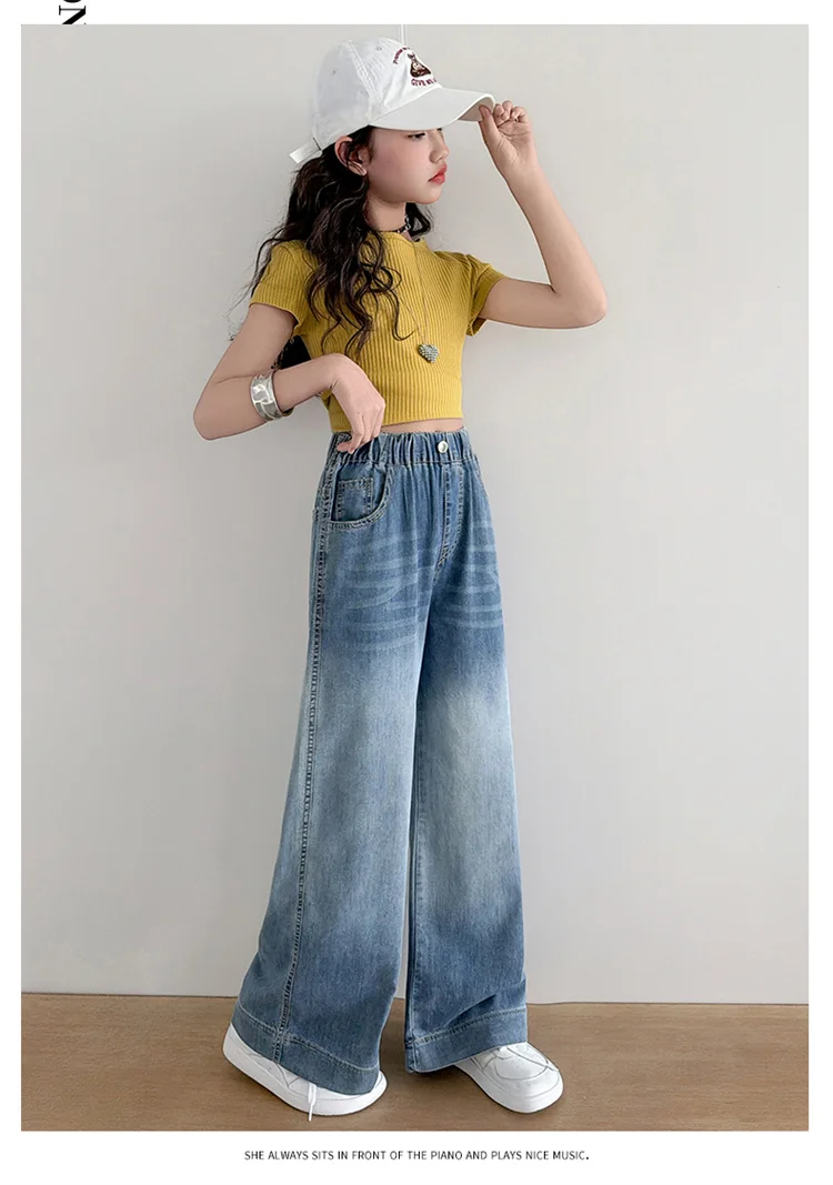 Mädchen Sommer Einfache Jeans 2026 Neue Dünne Weite Hosen Mittlere und Große Kinder Lose Gerade Freizeithosen für Kinder 5-14 Jahre – Detail 8