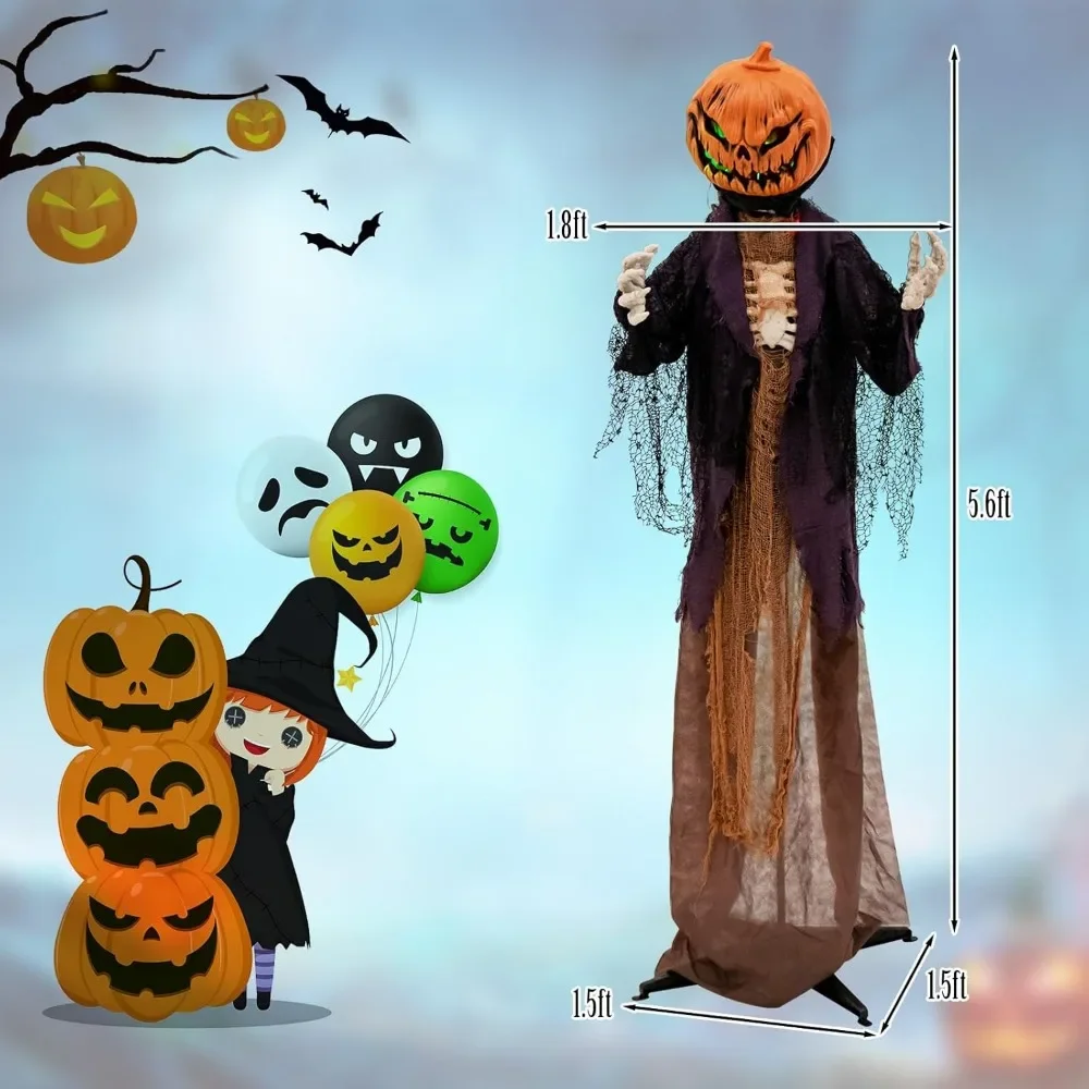 5.6 FT Halloween Animated Standing Pumpkin Scarecrow, Animatronic Halloween Decoration with Pre-Recorded Creepy Sound