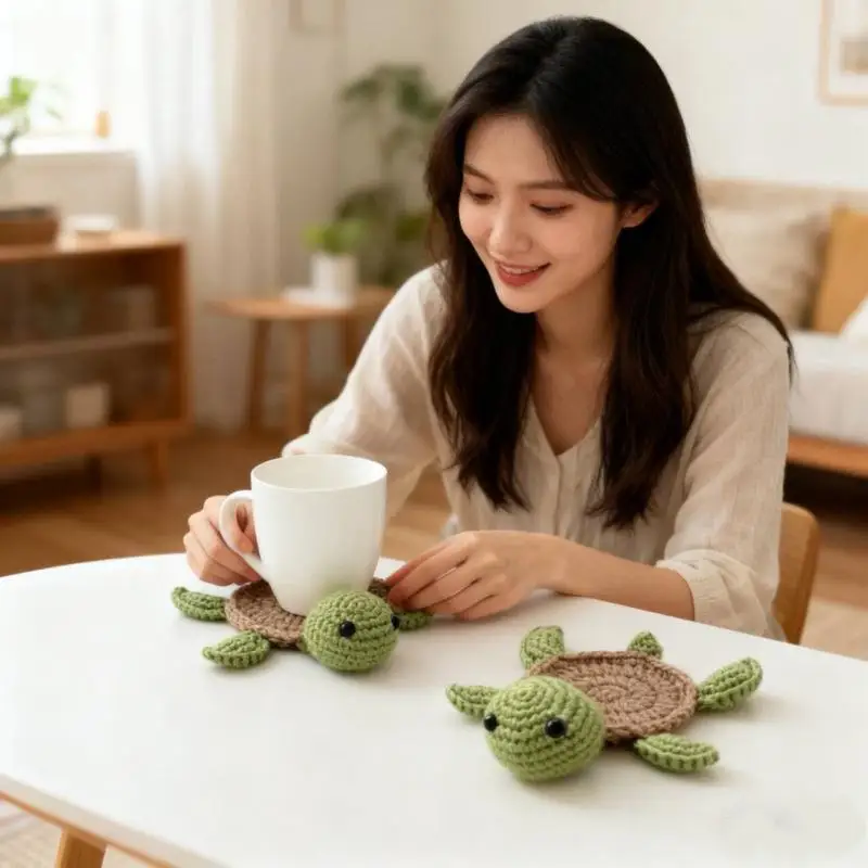Handmade Crochet Turtle Coaster Cute Animal Knitted Mug Pad Creative Home Decor Housewarming Gift For Mom Daughter
