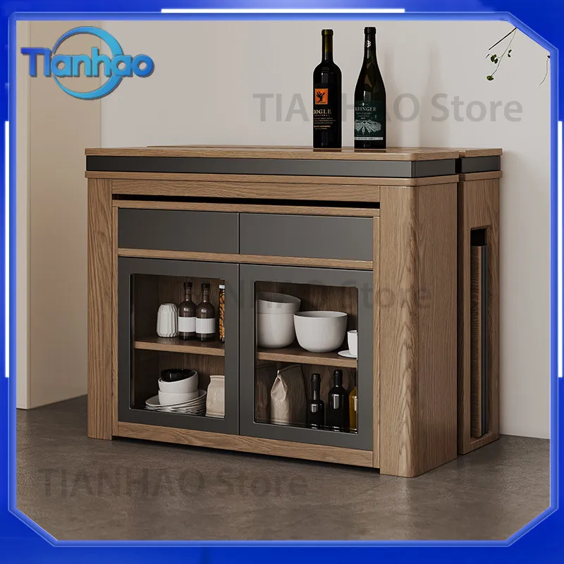 Foldable Dining Table Chairs and Dining Cabinet Integrated Multi-Functional Rectangular Retractable Furniture Set for Small