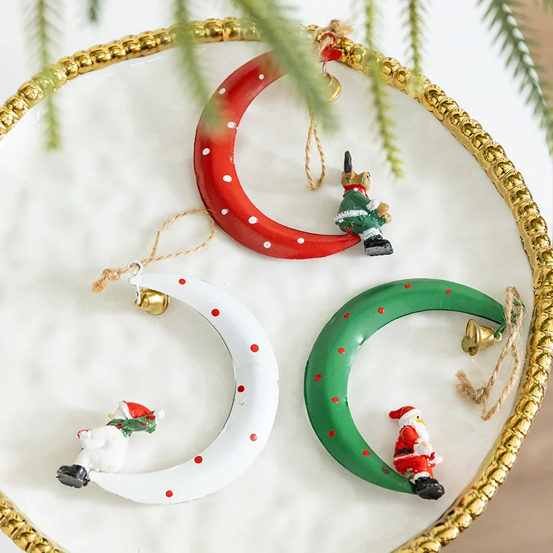 Iron Bell Resin Reindeer Figurine Christmas Tree Ornament Set Festive Hanging Decor for Home Holiday Display