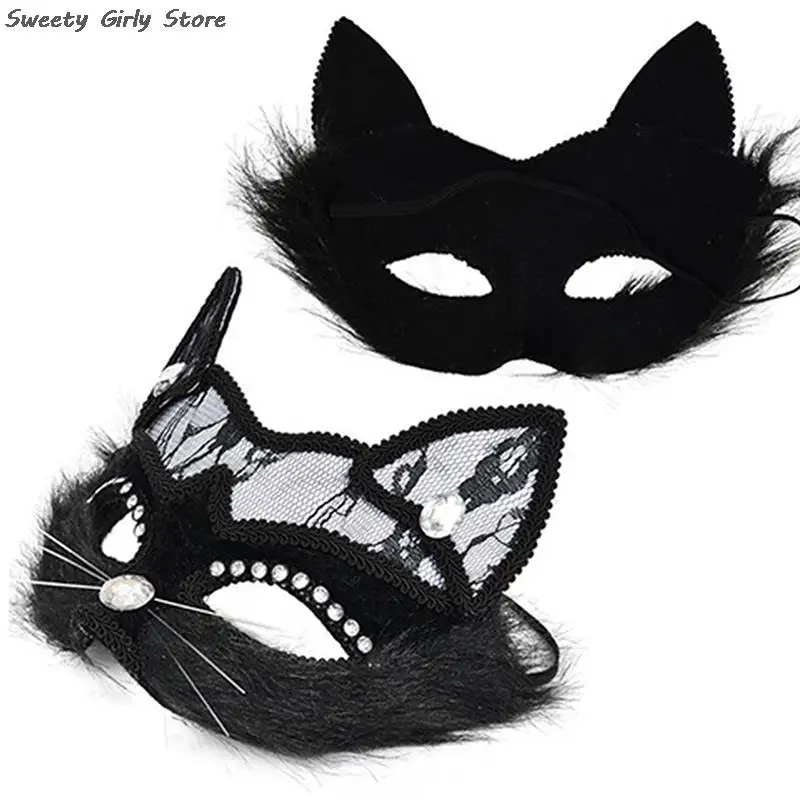 Sexy Black Cat Lace Mask Crystal Fancy Dress Party Masquerade Masks Women Cosplay Costume Role Play Prop Performance Eyes Cover