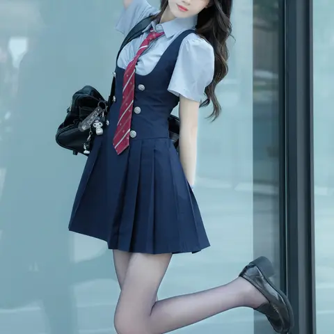 대학생 스타일 여학생 JK 교복 드레스 수트 네이비 여름 미국 스파이시 걸 슬림 교복 세트 프레피 캐주얼 멜빵 조끼 드레스