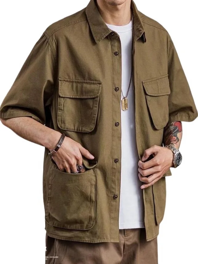 5/4 Sleeve Work Shirt American-Style Elastic Cargo Short-Sleeved Retro Outdoor Multi-Pocket Shirt Four Pocket Shirts Asia Size