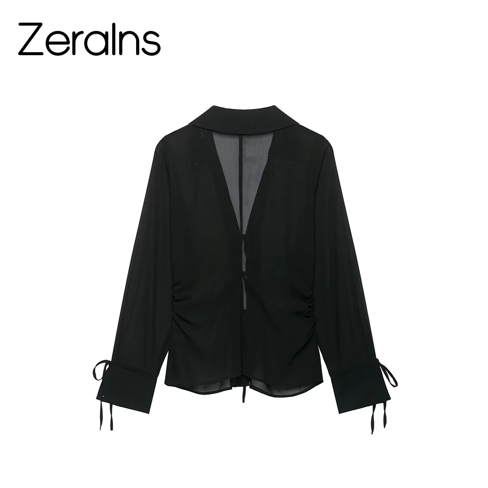ZERAINS European and American style women's clothing new 2026 fashion versatile rivet decoration semi transparent shirt