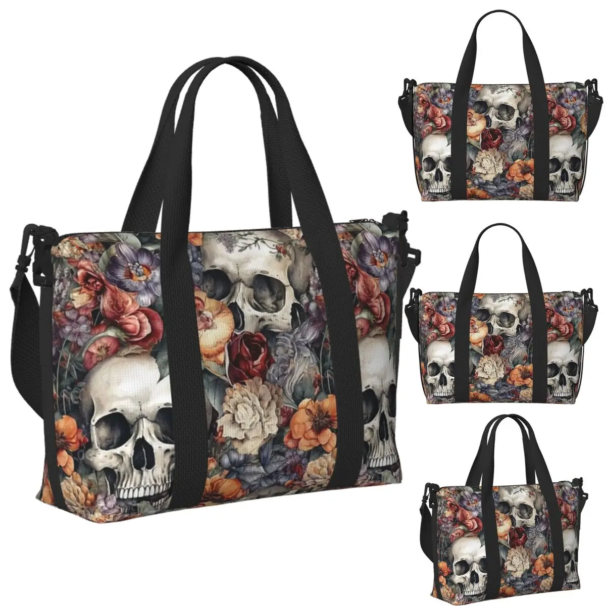 

Custom Vintage Floral Skull Roses Beach Travel Bag Large Capacity Tote Bags for Gym Yoga Women Shopping Duffle Shoulder Bag