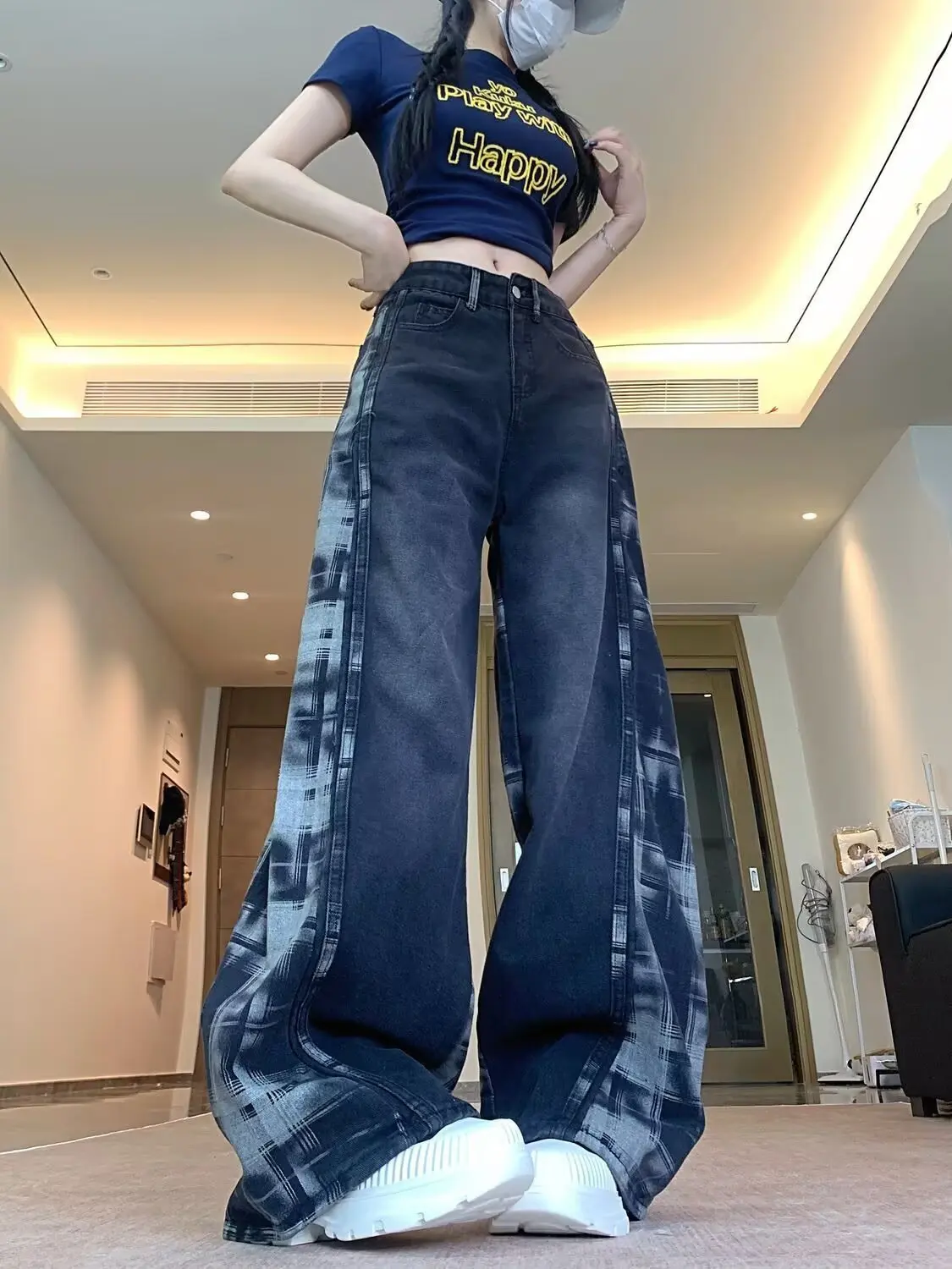 American Y2K Retro Side Plaid Contrast Color Spliced Jeans Women Spring Autumn High Waist Loose Drape Wide-leg Pants