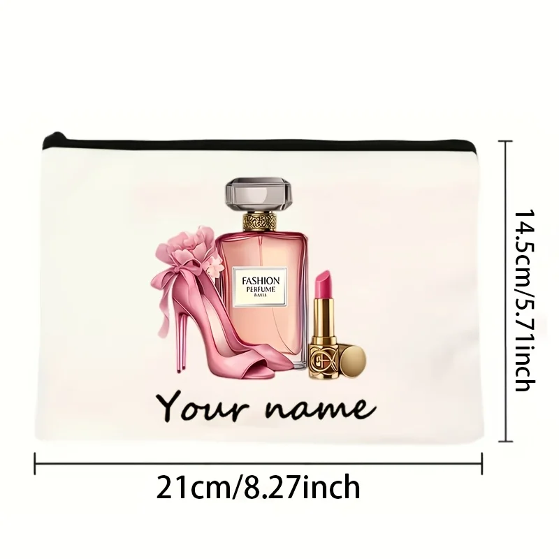 Custom Name Makeup Bag - Stylish Floral Design with Perfume Bottle and High Heel Patterns, Beige Zippered Cosmetic Pouch