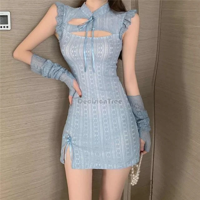 

2024 new chinese style sexy improved qipao dress hollow out slim pack hip split short dress fashion oversleeve lacing cheongsam