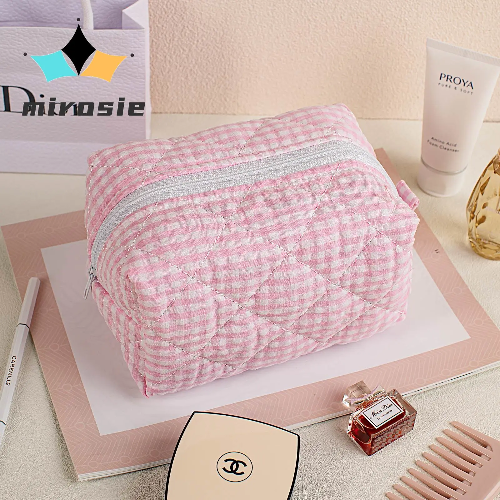 

MIROSIE Fashion Checkered Floral Makeup Bag Large Capacity Portable Cosmetic Storage Bag Cotton Quilted Wash Bag Skincare Pouch