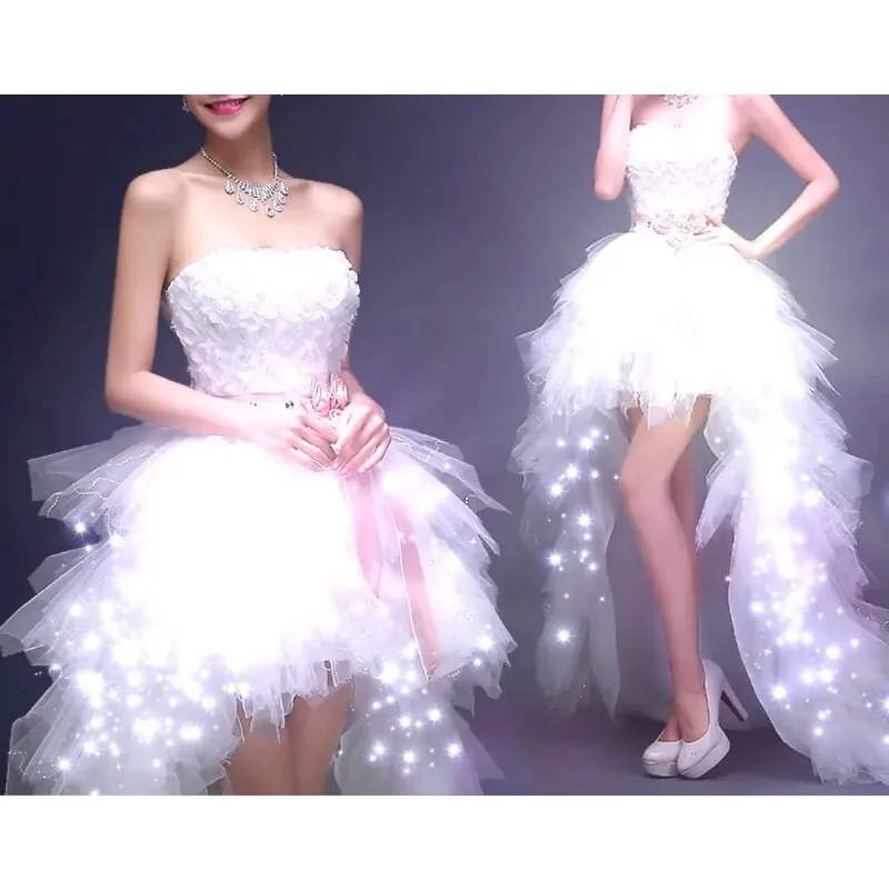 Women\'s LED Light up Dress White Wedding Prom Ball Gown Nightclub Festival Party Stage Show Strapless Rave Outfit New Fancy Suit