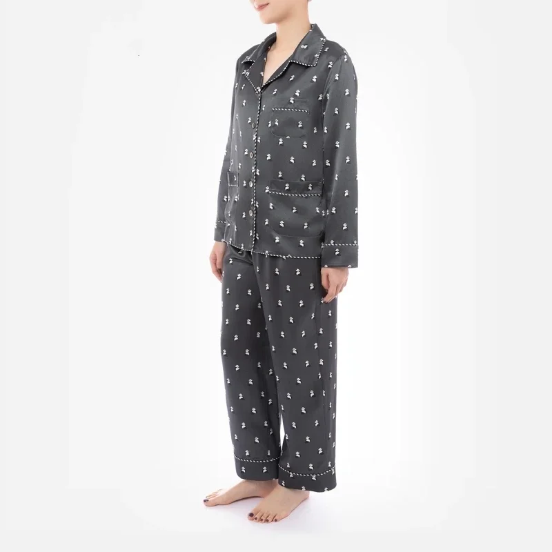 100% Mulberry Silk Pyjamas Women Sleepwear Panda Printed 22MM Silk Pajama Set Couple Soft Men's Clothing Pajama Cute Sleepwear