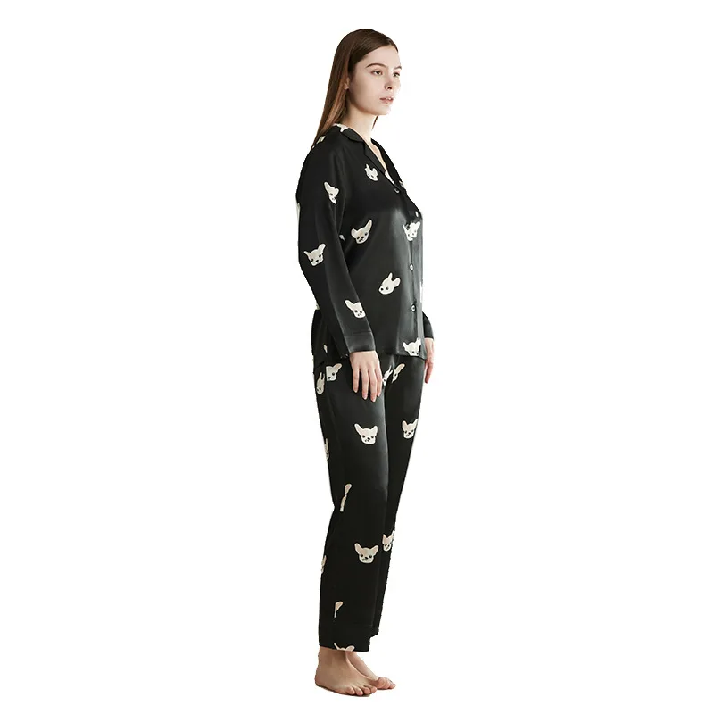 New 100 Mulberry Silk Pajama Set Woman Couple Matching Sleepwear with Cute Puppy Print Silk sleep wear  Soft Breathable