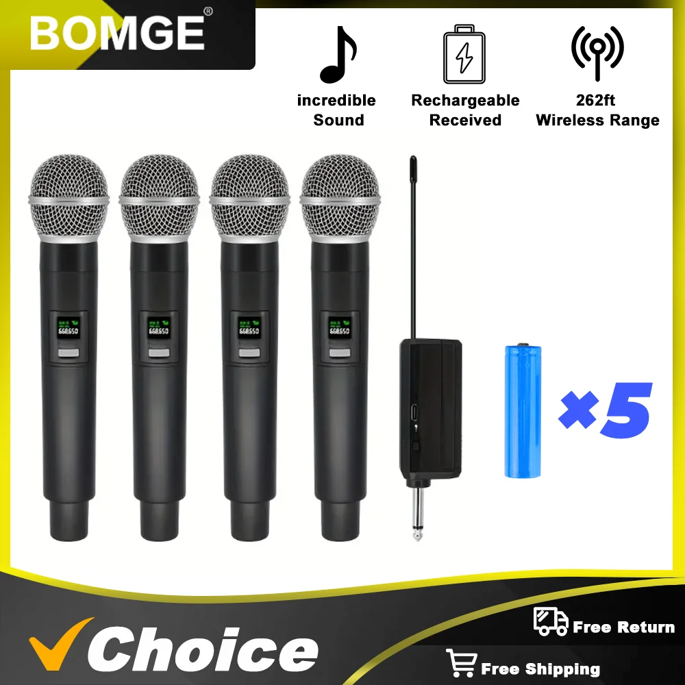 BOMGE 4 channel wireless microphone Karaoke Mic Fixed Frequency with Rechargeable Receiver Battery For Home Party Speaker