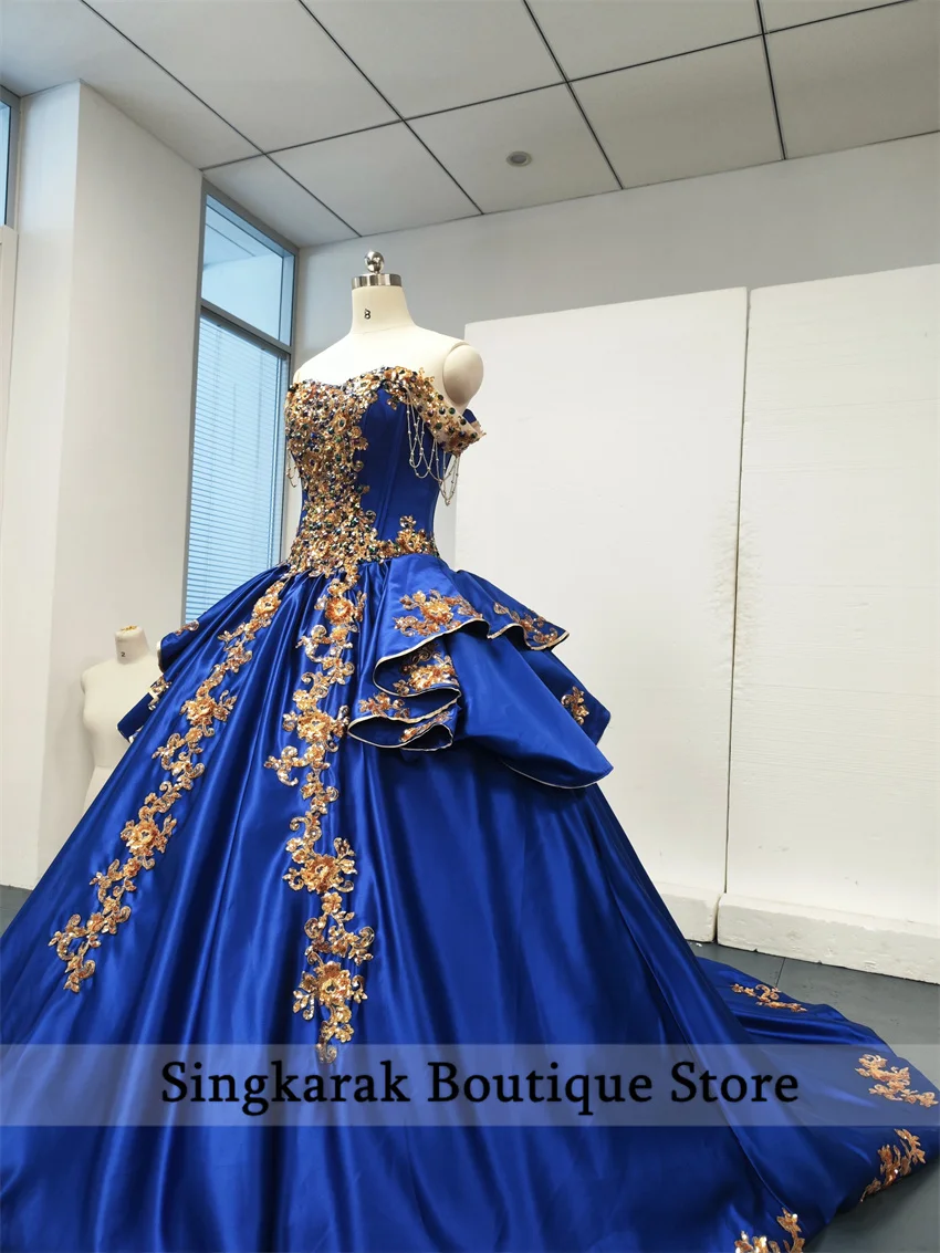 Royal Blue Vestidos de Aos Quinceanera Dress Beads Sequins Applique Crystals Diamonds Mexi Dress