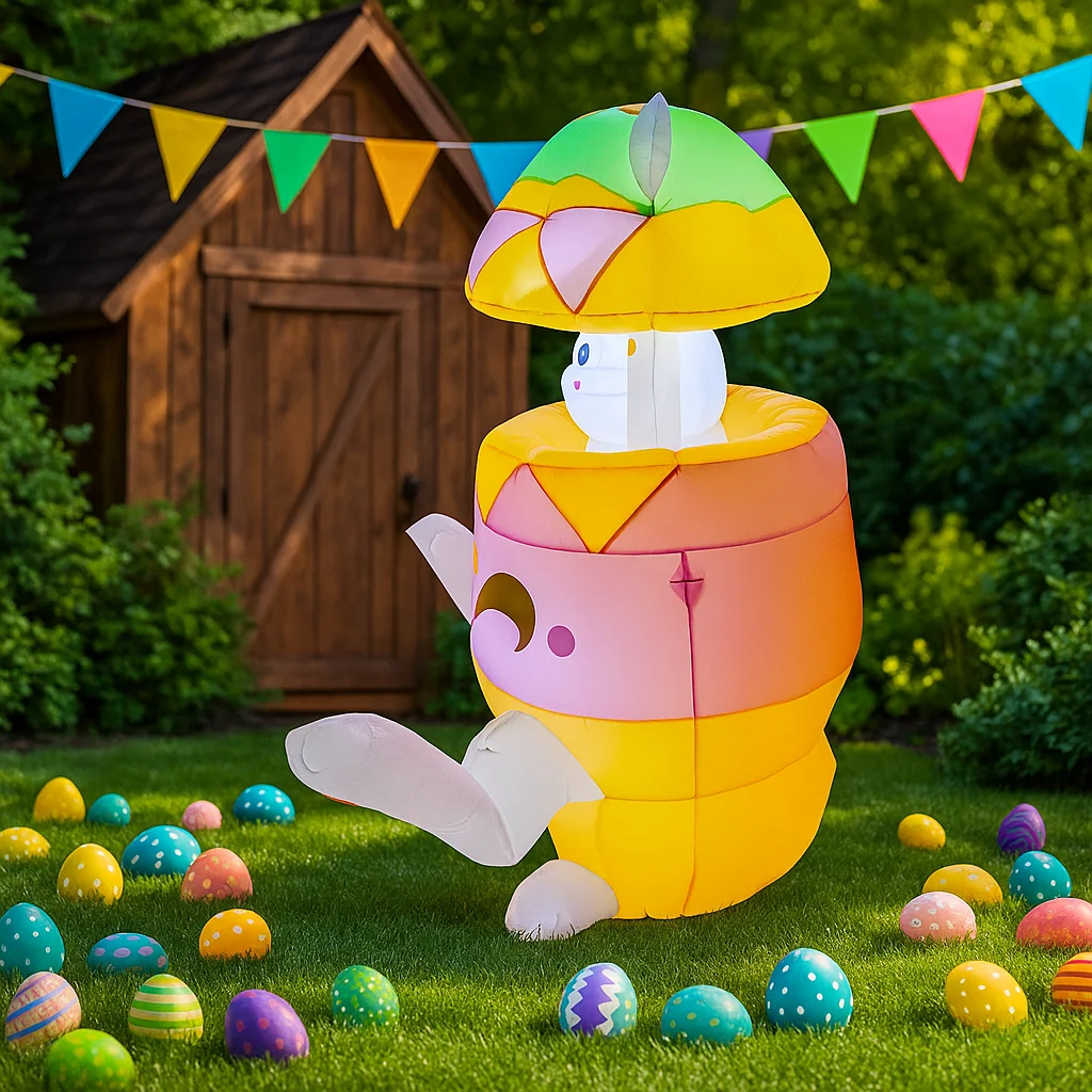 イースターインフレータブルおもちゃ 1.5M/5FT 卵の飾り付きバニー LEDライト付きイースターラビット ホリデーパーティー屋外装飾おもちゃ用