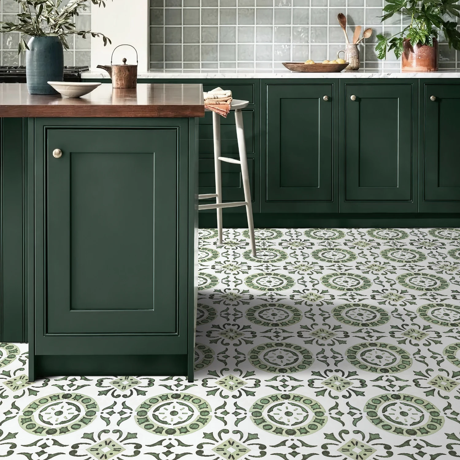 

30x30cm/20x20cm Removable Floor Tile Stickers Green Pattern Waterproof Self-Adhesive Stickers 4/20Pcs