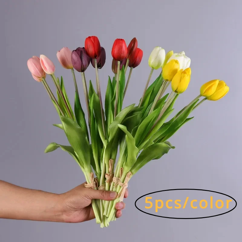 

5pcs Artificial Flowers Soft Tulip Fake Flower Real Touch Home Garden Table Wedding Decoration Simulation 5-Head Tulips Bouquet