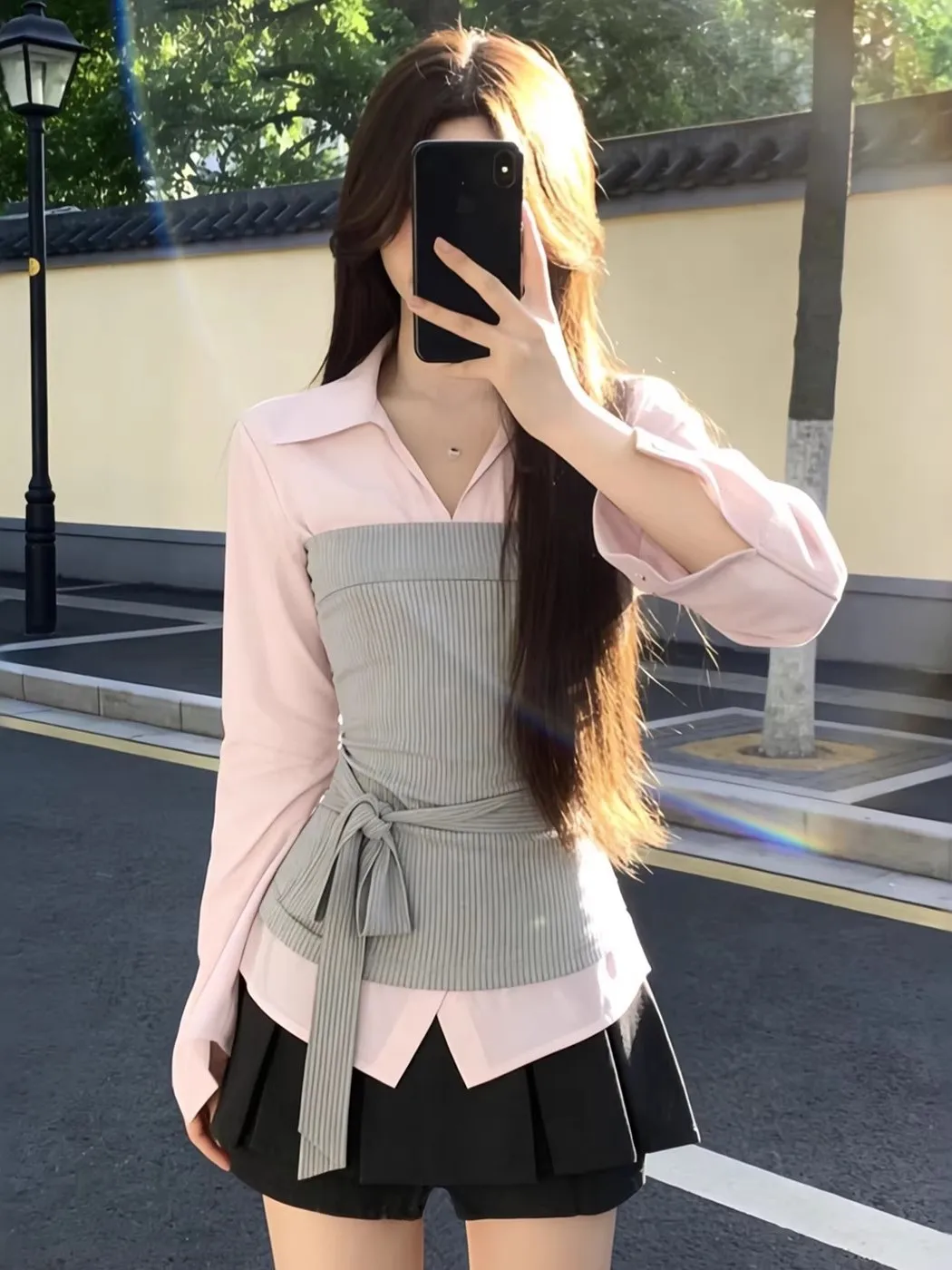

plus Size Korean Style Shirt Beautiful Layering Belted Waist Top Spring New Style Important Occasion Handsome Blouse for Plum...