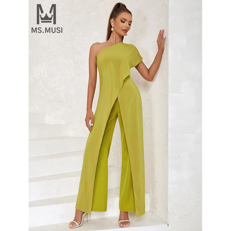 MSMUSI 2024 New Fashion Women Sexy One Shoulder Ruffles Draped Sleeveless Backless Bodycon Party Club Flare Pant Lady Jumpsuit