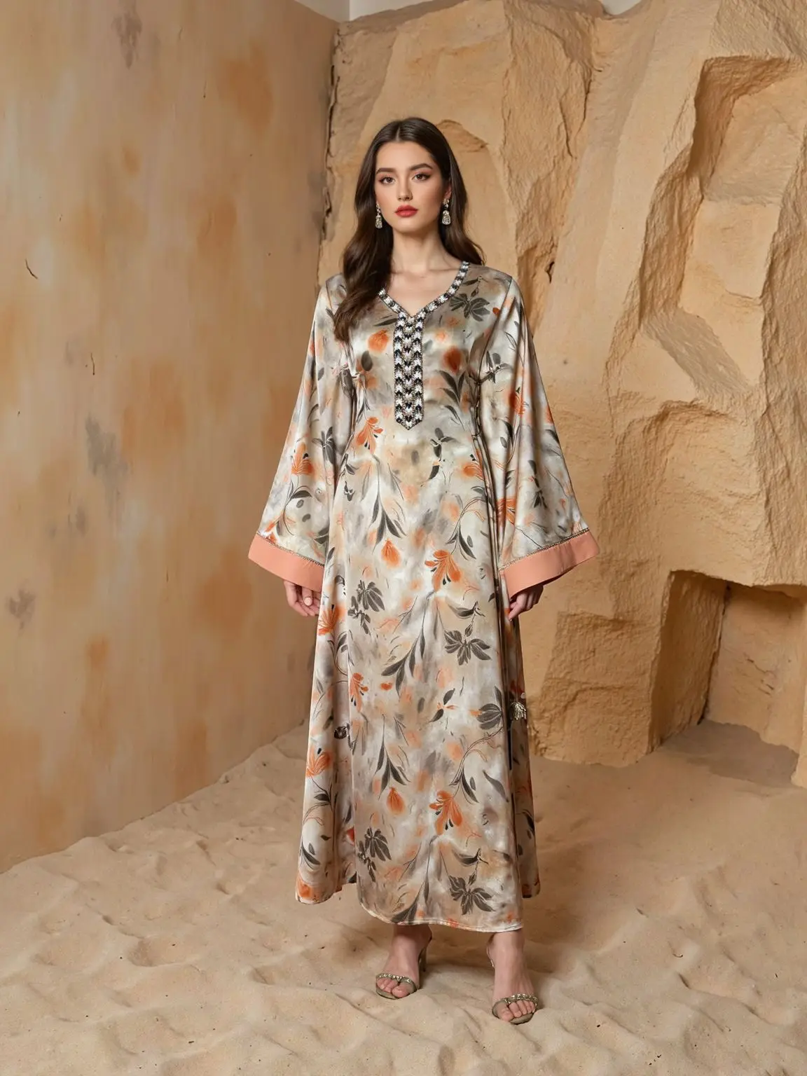 Nowa muzułmańska luksusowa moda, uniwersalna szata z nadrukiem, elegancka i pełna gracji abaja, odzież z Bliskiego Wschodu, długa sukienka z Dubaju.