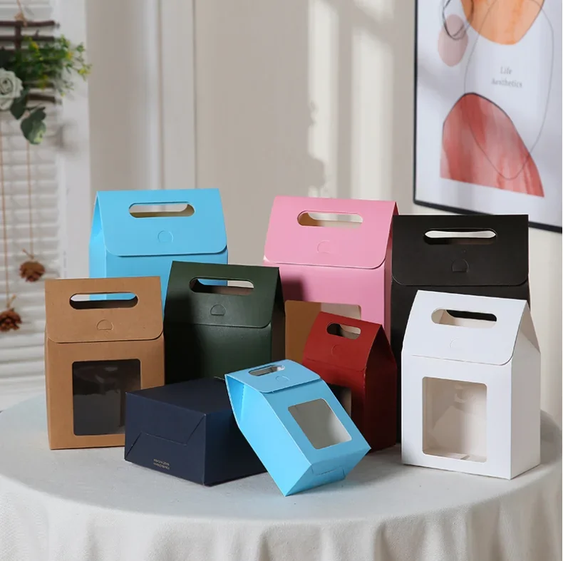 10pcs Red Blue Large Open Window Cowhide Carton Bag Kraft Handle Flap Seal Gift Box Portable Food Gift Small Color Packing Box