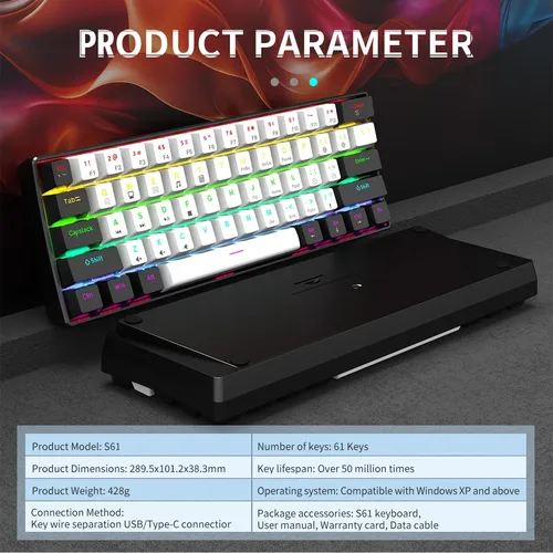 Imagen 2 del producto Teclado mecánico para juegos con cable 60%, minayout ultra compacto retroiluminado RGB para jugadores de PC/Mac y tipistas, diseño de viaje fácil