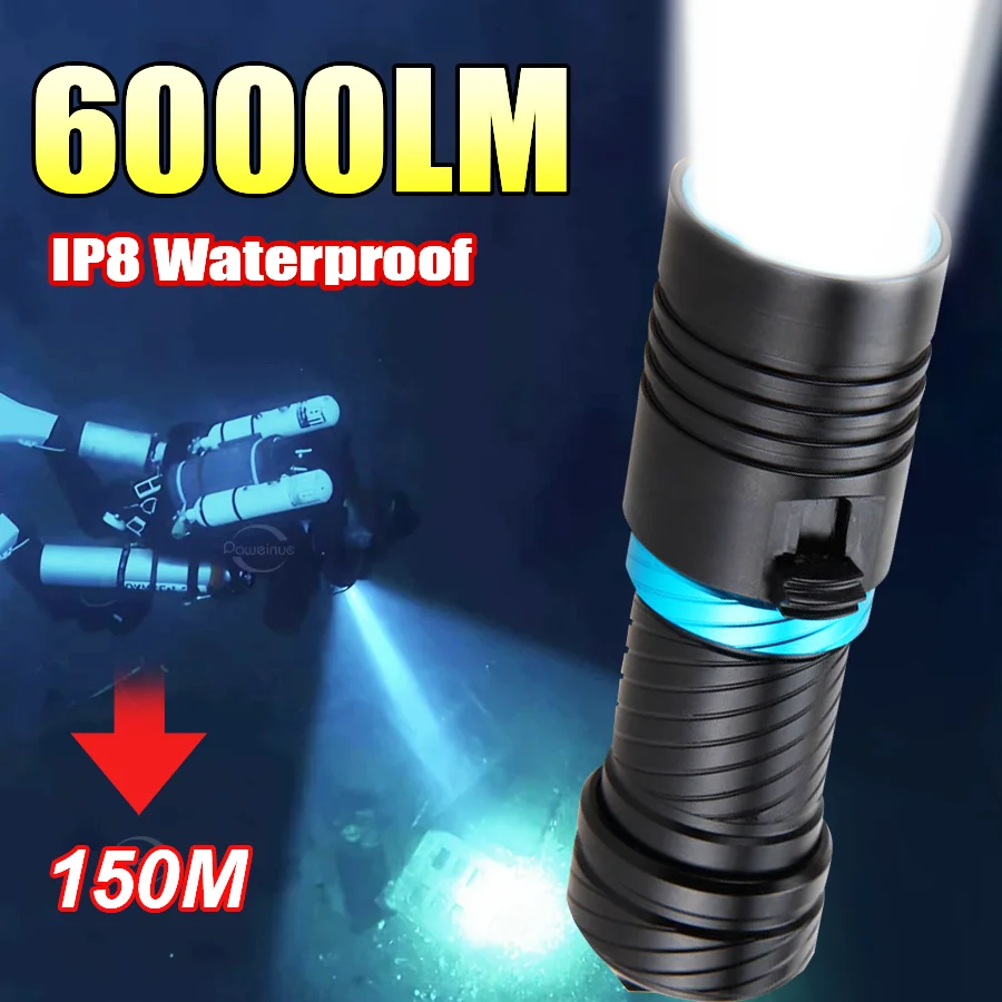 6000LM Ultra Bright Diving Flashlight L2 LED Spotlight Scuba Diving Lamp 150M 26650 Waterproof IP8 Lantern Camping Fishing Torch