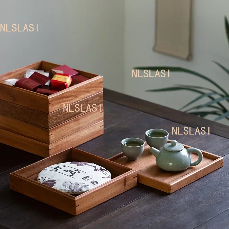 Chinese Bamboo Square Food Tray Solid Wood Tea Set Tray Home Breakfast Tray Cake Tray Flower Pot Bonsai Gardening Holder
