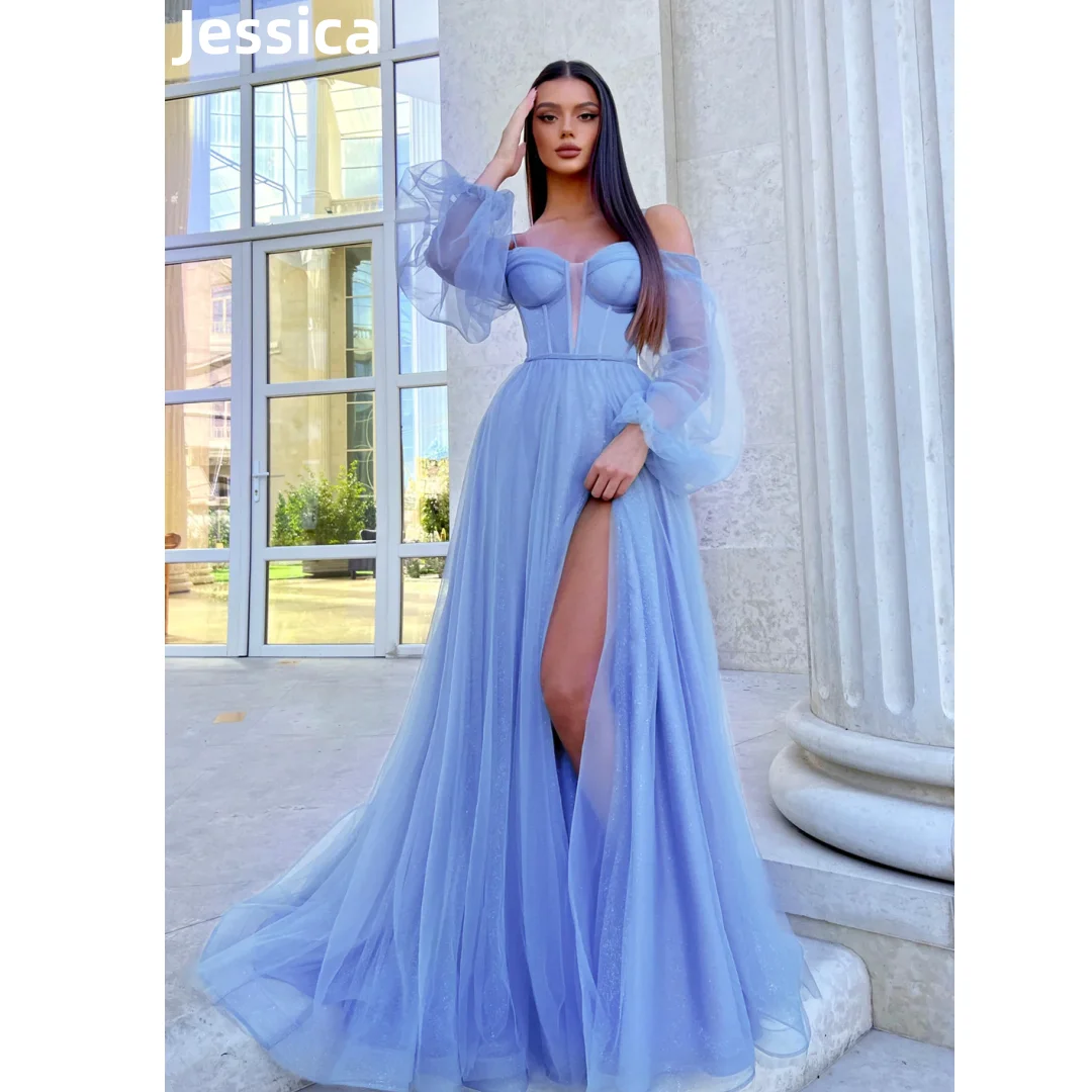 

Jessica Blue Prom Dress Tulle Puff Sleeves Evening Dresses Vestidos De Fiesta Fairy Glitter Sweetheart Wedding Party Dress