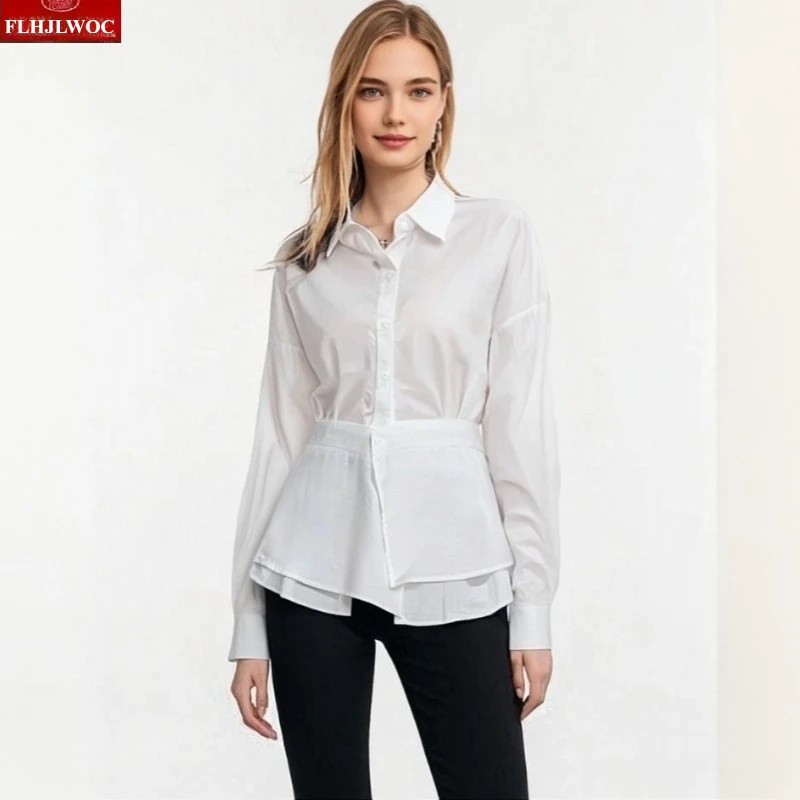 

Cotton Ruffles Peplum Tops Blouses Cover Curtain New Woman Autumn Spring Long Sleeve Elegant Office Lady POLO Collar Shirts