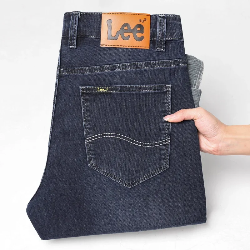 Leettu الربيع الصيف رقيقة الأعمال الجينز الرجال فضفاضة مستقيم الساق مرونة منتصف العمر عالية الخصر غسلها السراويل الزرقاء #1