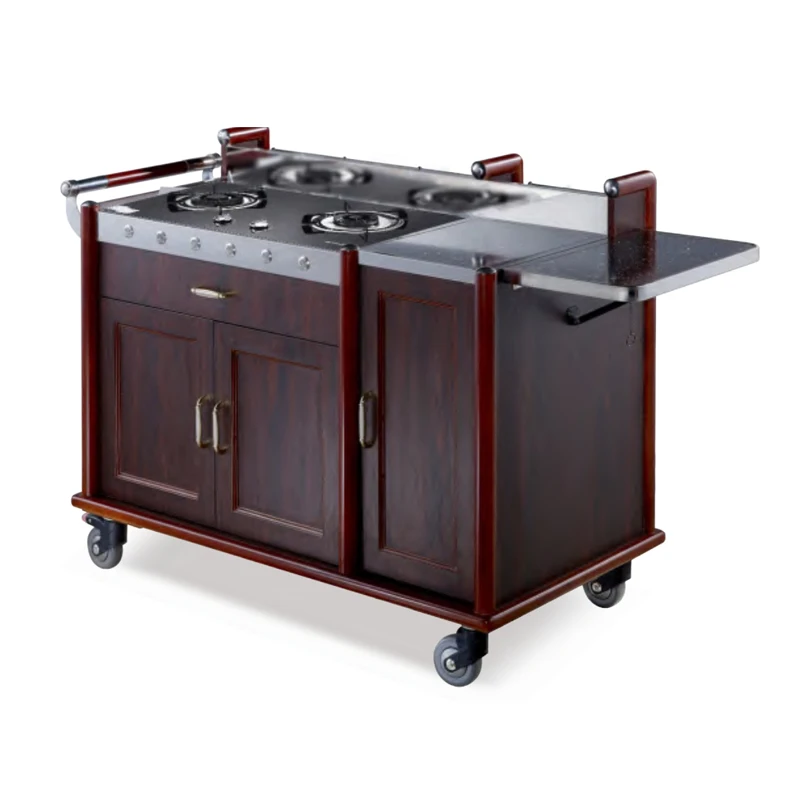 Luxury Red Moving Double Gas Stove Flambe Trolley Fireproof Board Large Cooking Food Cart Pot For Hotels Restaurant