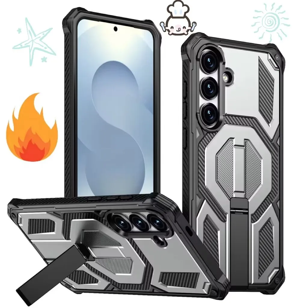 For Samsung Galaxy S25 S24 FE Case ELVEV Magnetic PC+TPU Rugged Armor Shockproof Bracket Phone Cover