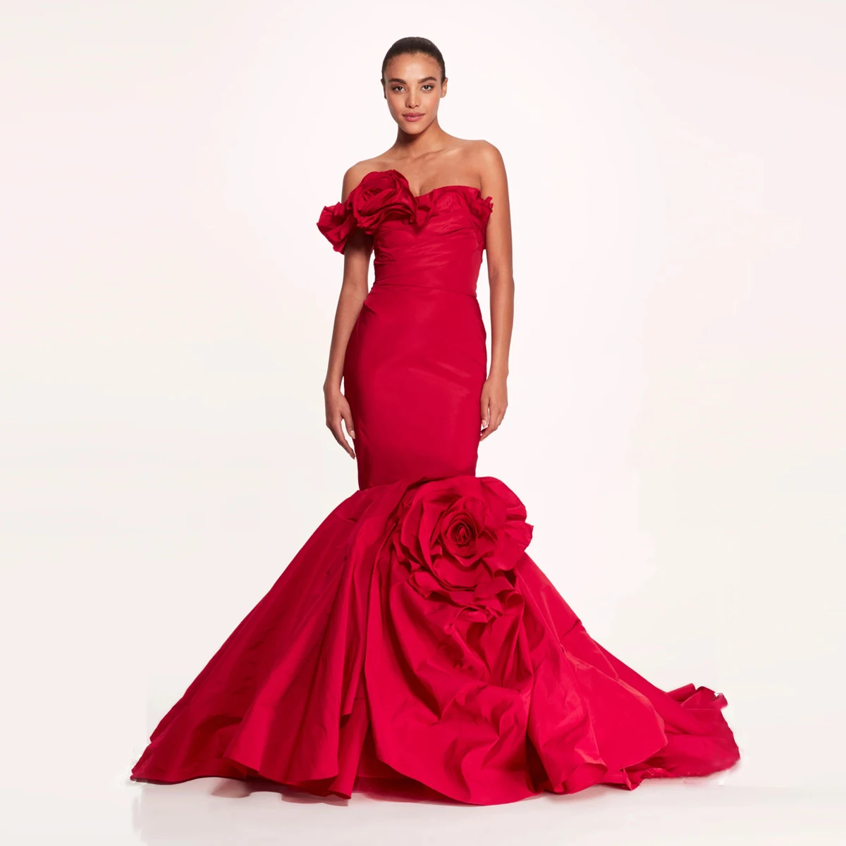 Graceful Red Mermaid Evening Dresses One Sleeve Ruffled Flowers Formal Occasion Dress vestidos para mujer 2024 فساتين السهرة
