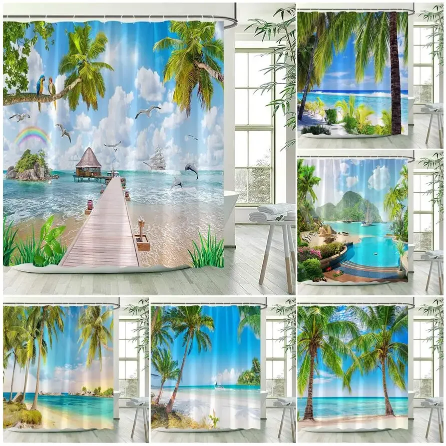 Ocean Landscape Shower Curtain Beach Palm Trees Parrots Dolphins Sea Waves Nature Scenery Bath Curtains Fabric Bathroom Decor