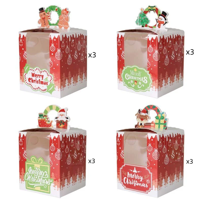 

12 Pcs/Set Christmas Gift Box Kraft Paper Apple Candy Cookies Snack Cake Box With PVC Window for Xmas New Year Party Biscuit Bag