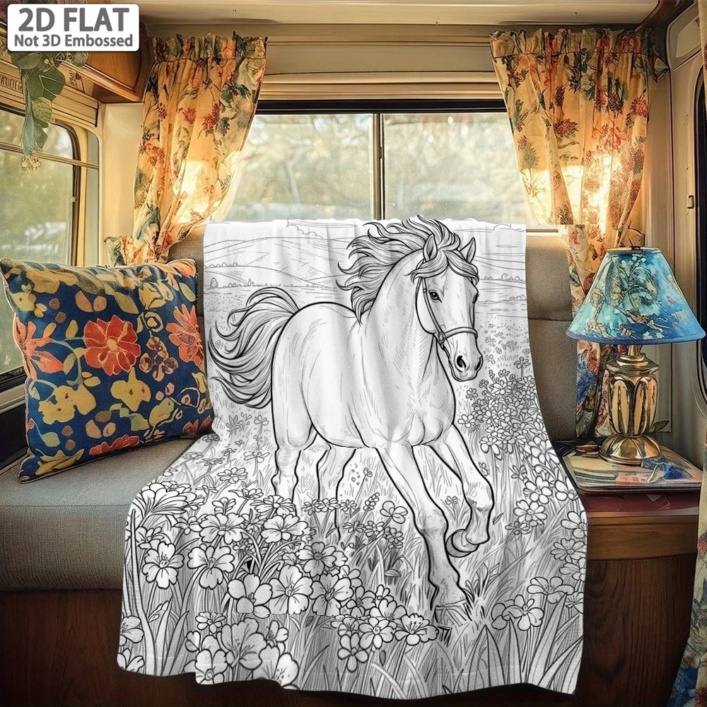 Nature Wild Horse Floral Line Sketch Art Flannel Blanket Lightweight Warm Throw Blanket Bedroom Sofa Camping Home Wall Ornament