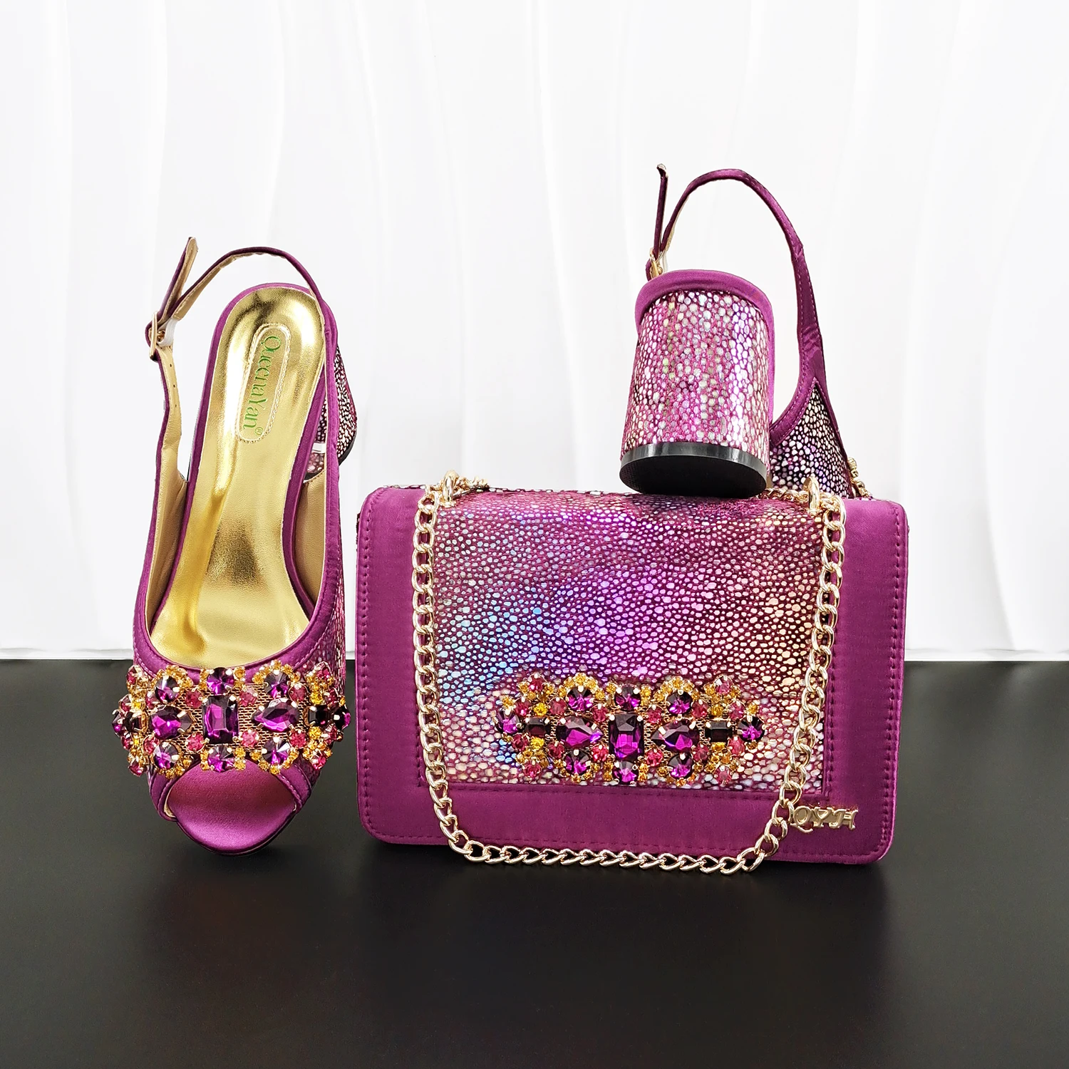 

New INS Style Fashion Itlian Design High Heels Shoes and Bag Set Rhinestone-Embellished Designer Shoes Heel Perfect for Party