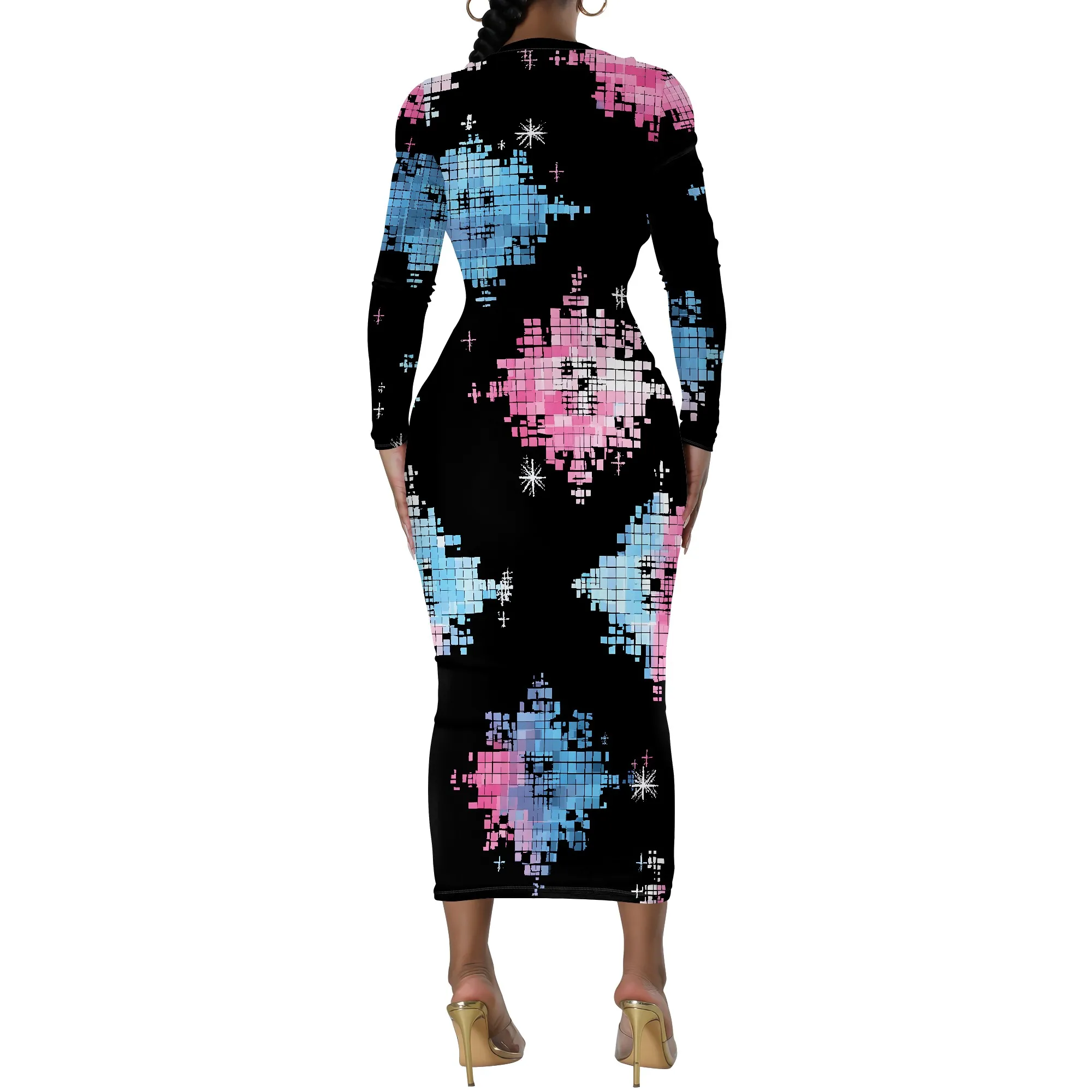 Digital Pixel Print, Long Sleeve Bodycon Dress, Abstract Butterfly Pattern, Slim Fit Midi Gown, Club Party Wear, XS-3XL