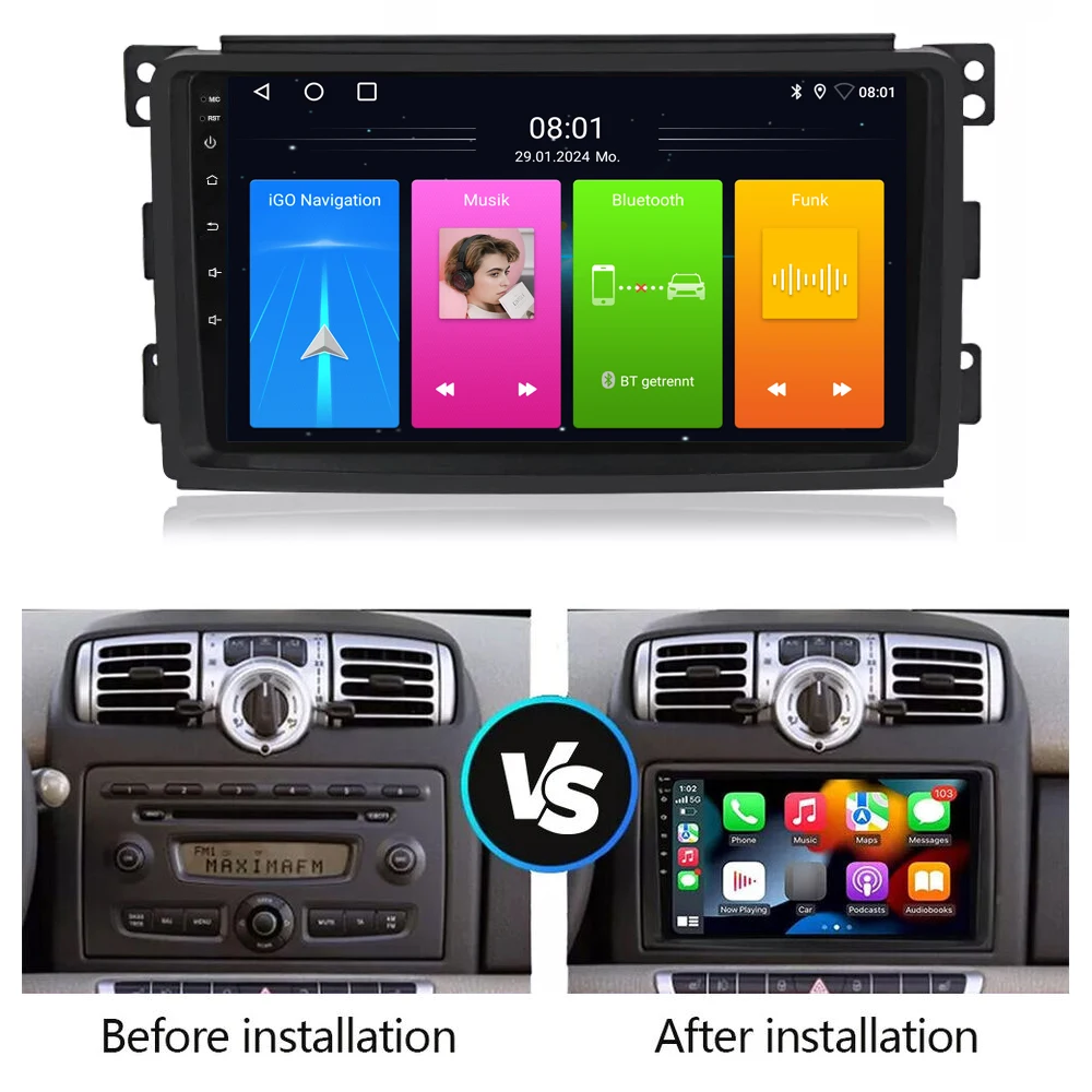 

Android Car radio with wireless Carpaly GPS Navigation for Smart Fortwo Cabrio Coupe 451 Smart Fortwo II Cabriolet Coupe 453