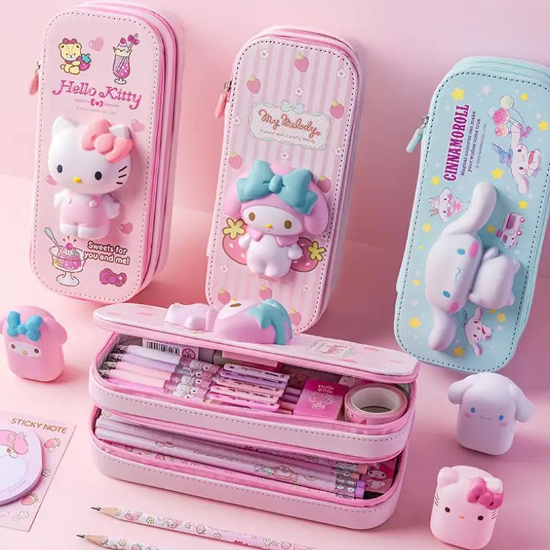 

Аниме Sanrios Hellokittys Cinnamoroll Kuromi Kawaii декомпрессионный двухслойный карандаш фотография большая емкость канцелярская коробка