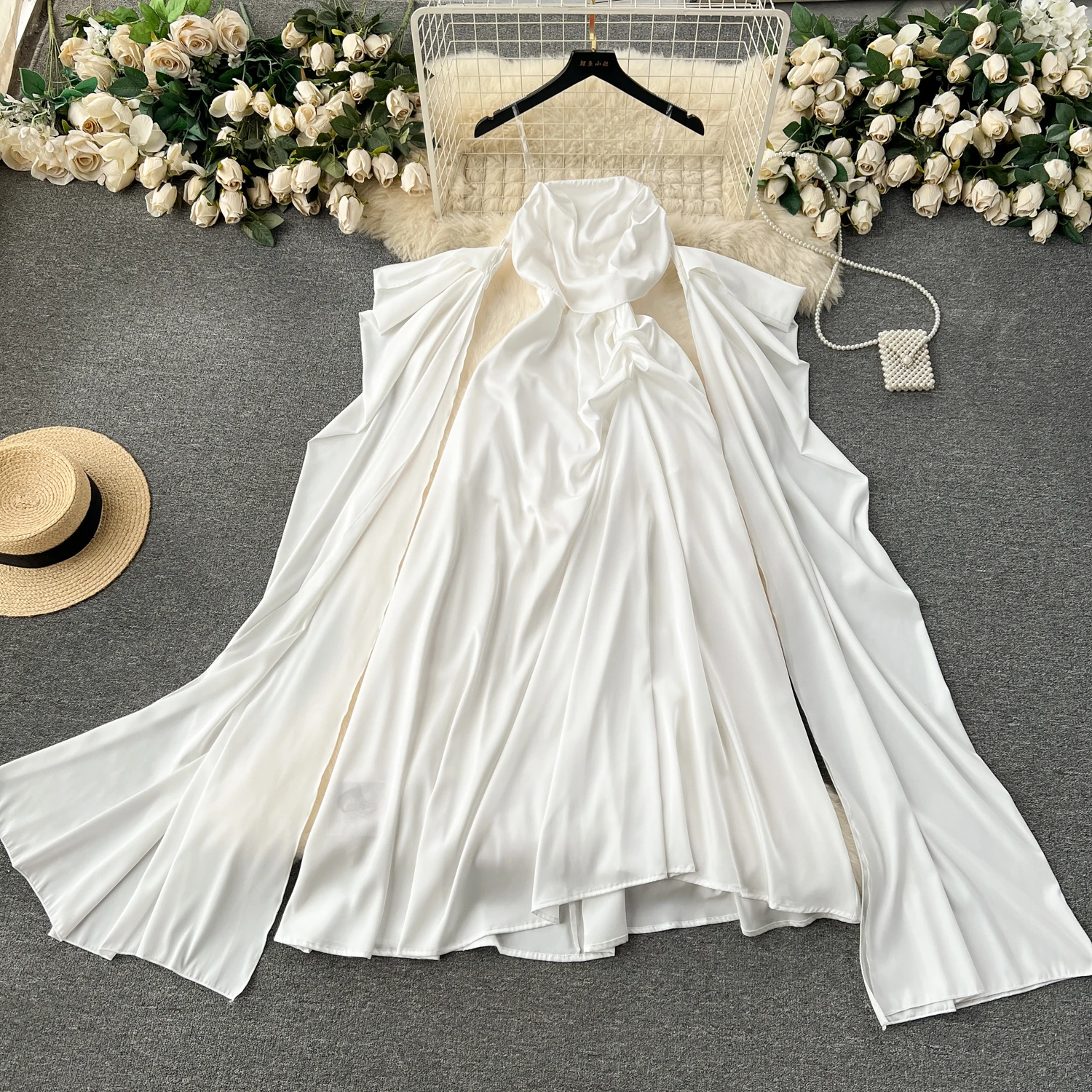 Lady Satin Silky Wedding Bride Long Dress White Festivel Birthday Dinner Banquets Party Dresses Women Honeymoon Tropical Dresses